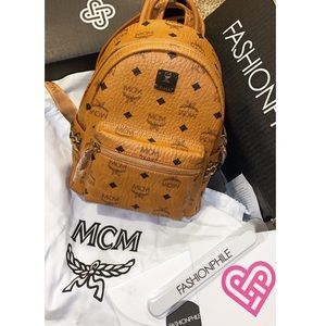 Authentic MCM Mini Stark Studded Backpack Cognac